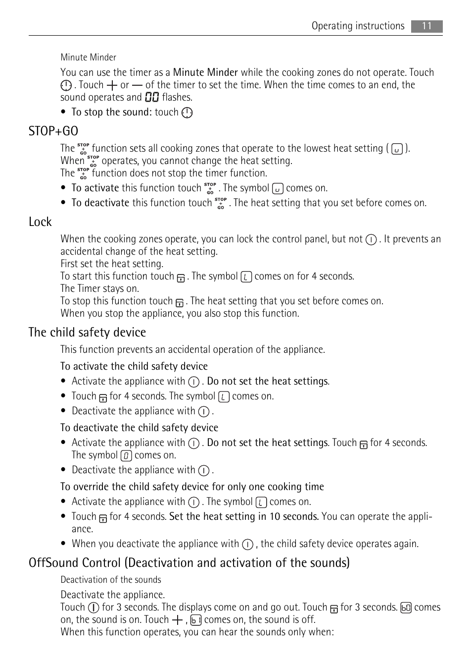 Stop+go, Lock, The child safety device | AEG HK634030FB User Manual | Page 11 / 20