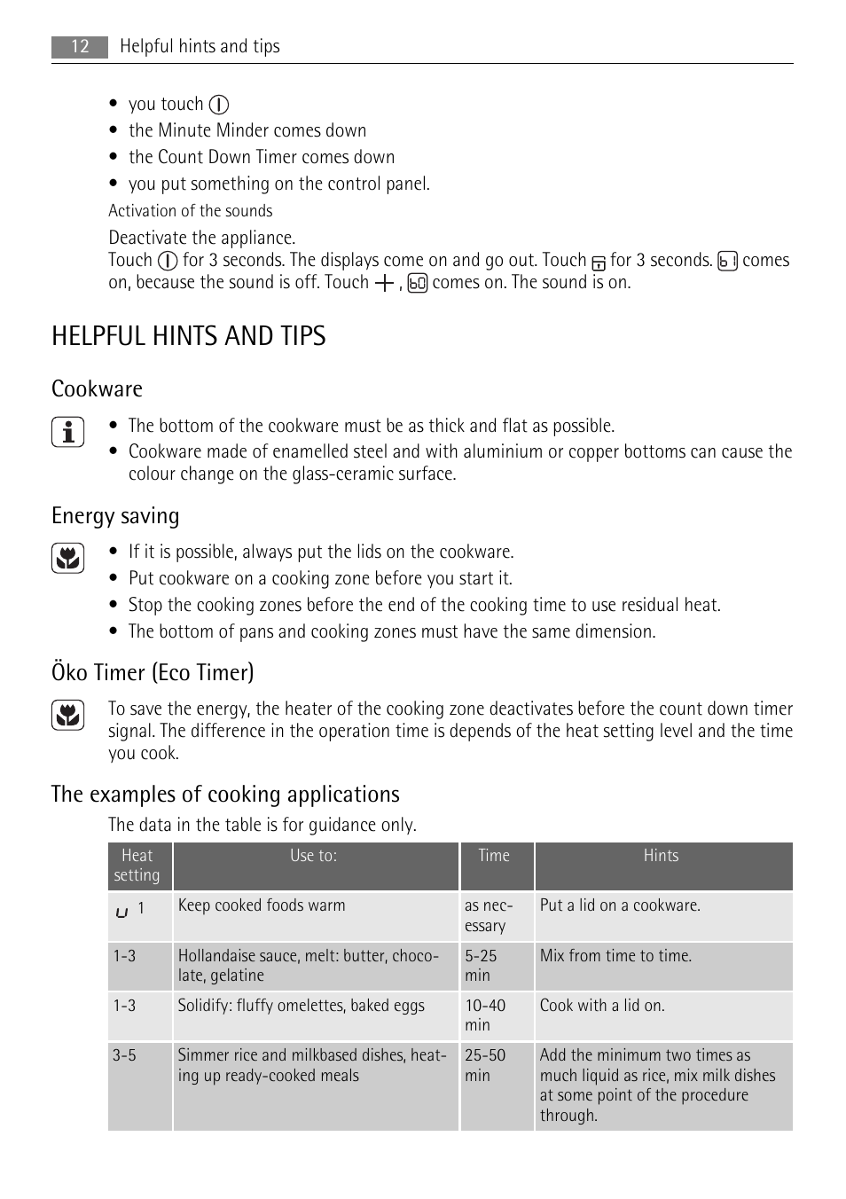 Helpful hints and tips, Cookware, Energy saving | Öko timer (eco timer), The examples of cooking applications | AEG HK634030FB User Manual | Page 12 / 20