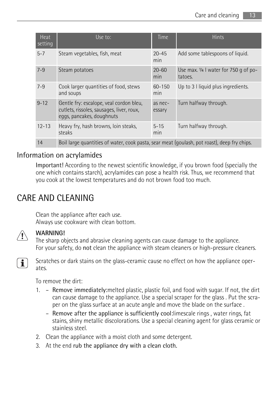 Care and cleaning, Information on acrylamides | AEG HK634030FB User Manual | Page 13 / 20