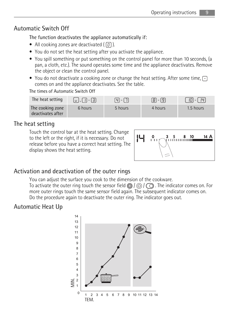 Automatic switch off, The heat setting, Activation and deactivation of the outer rings | Automatic heat up | AEG HK634030FB User Manual | Page 9 / 20