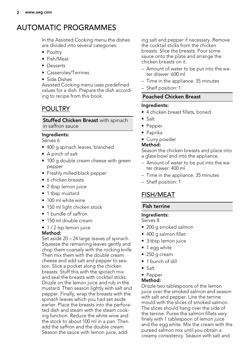 Automatic programmes, Poultry, Fish/meat | AEG KE8404001M User Manual | Page 2 / 12