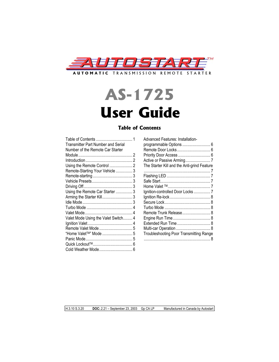 Autostart AS-1725 User Manual | 9 pages