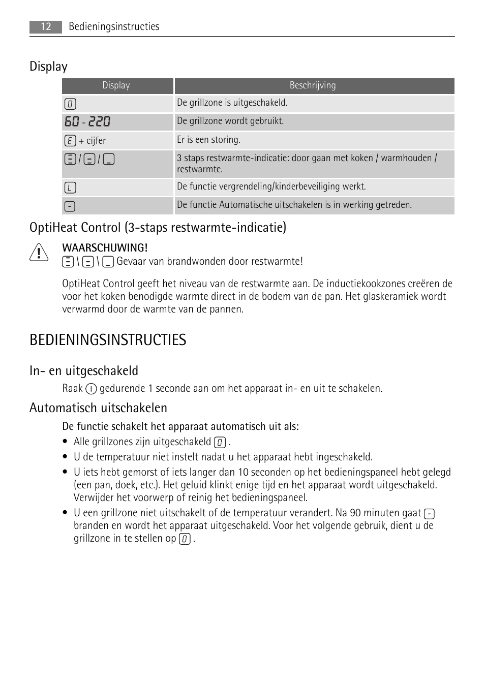 Bedieningsinstructies, Display, Optiheat control (3-staps restwarmte-indicatie) | In- en uitgeschakeld, Automatisch uitschakelen | AEG HC411520GB User Manual | Page 12 / 76