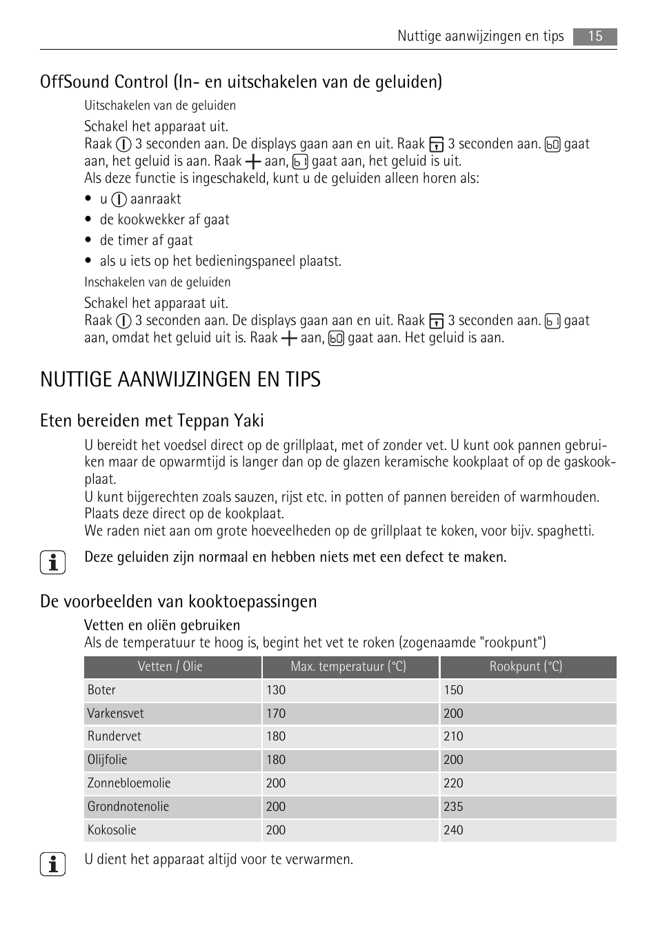Nuttige aanwijzingen en tips, Eten bereiden met teppan yaki, De voorbeelden van kooktoepassingen | AEG HC411520GB User Manual | Page 15 / 76