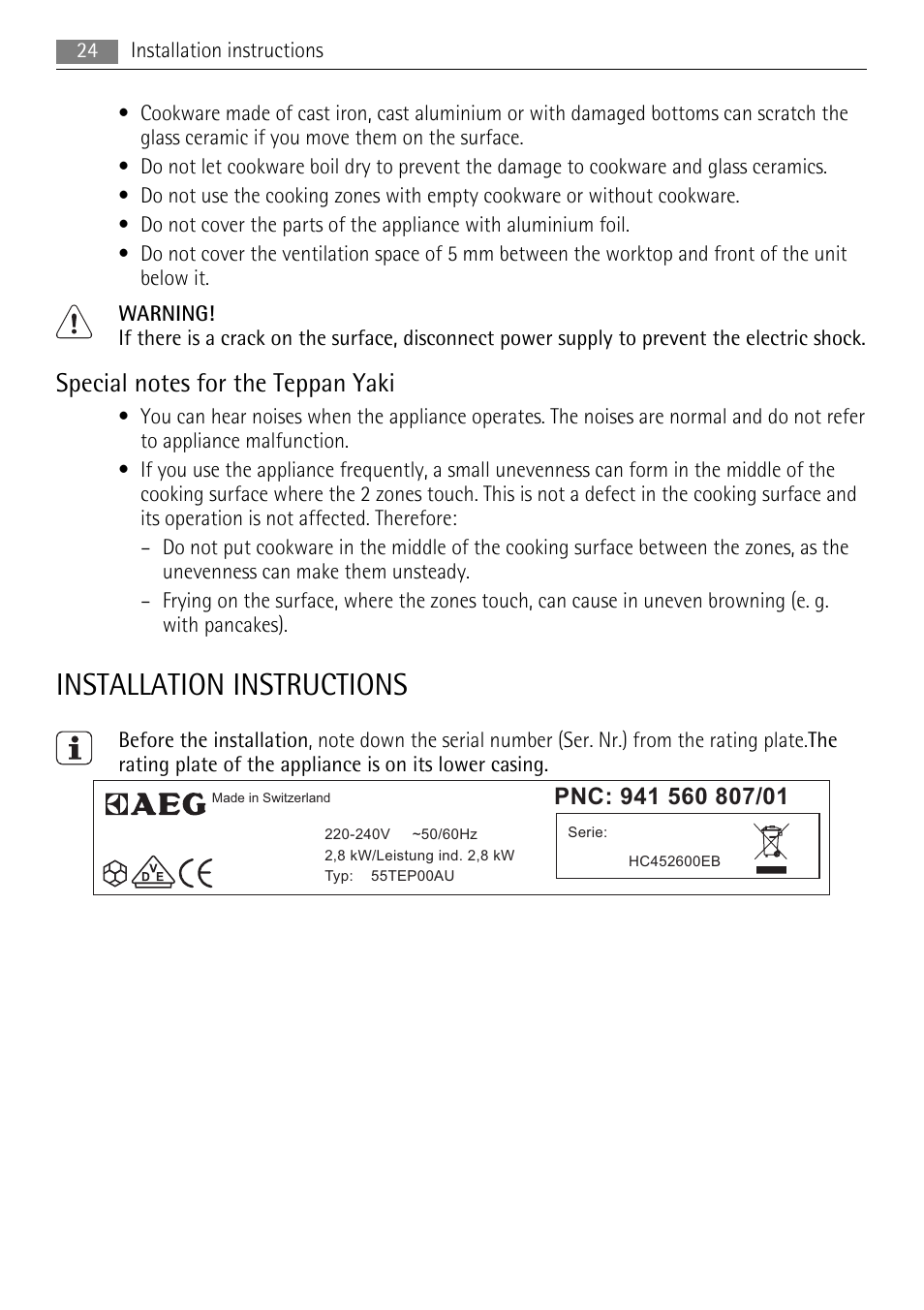 Installation instructions | AEG HC411520GB User Manual | Page 24 / 76