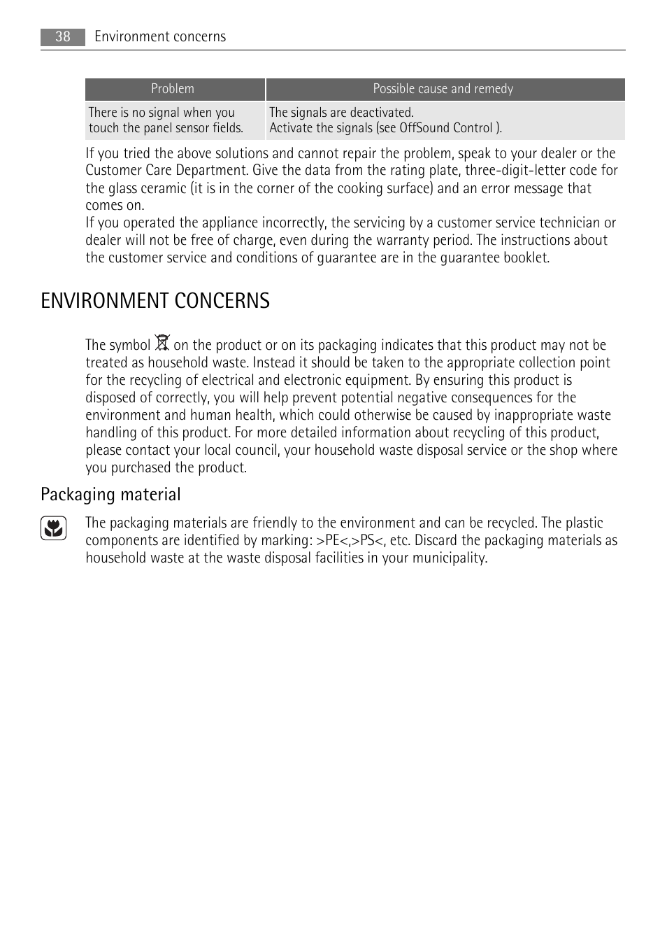 Environment concerns, Packaging material | AEG HC411520GB User Manual | Page 38 / 76
