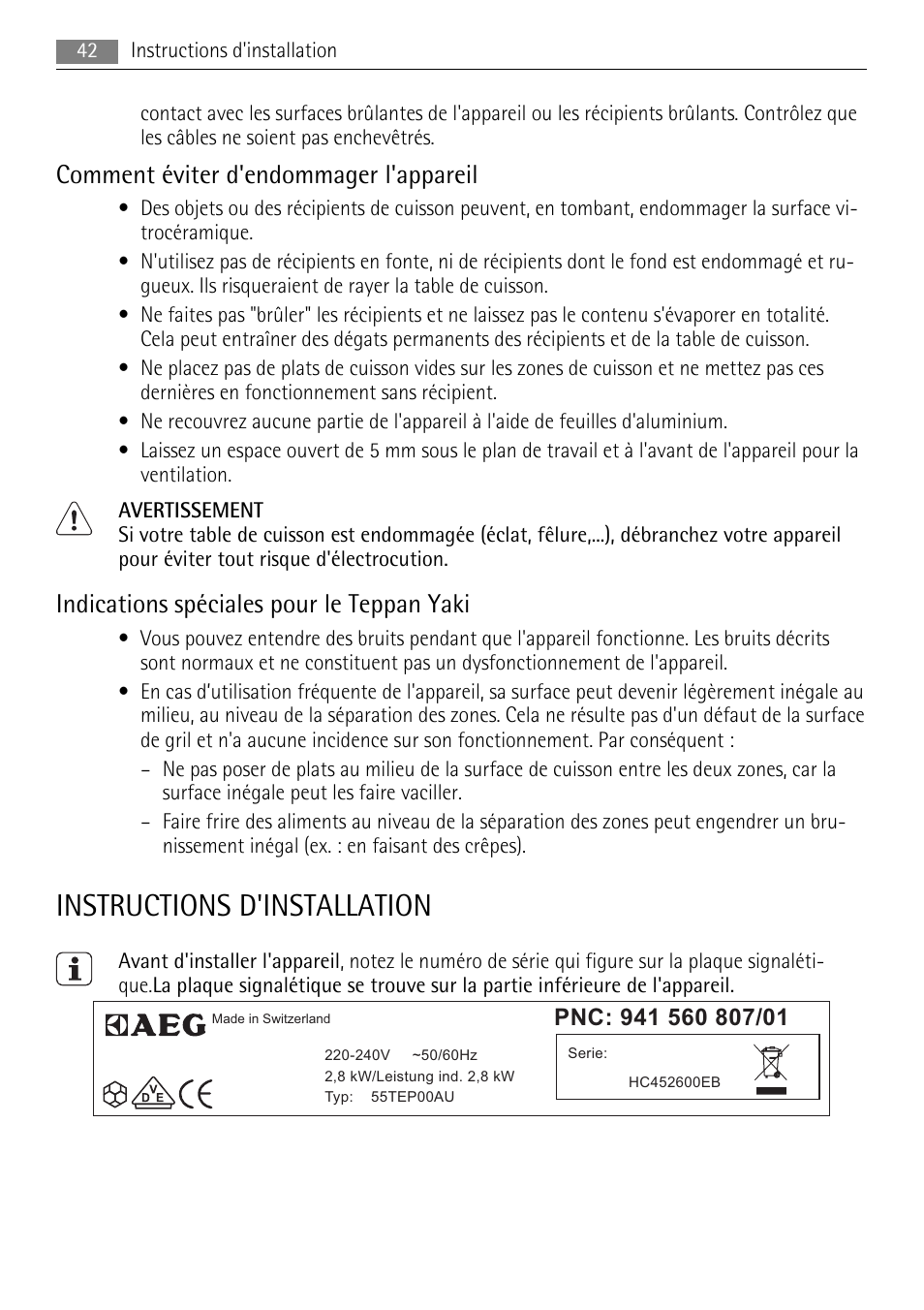 Instructions d'installation, Comment éviter d'endommager l'appareil, Indications spéciales pour le teppan yaki | AEG HC411520GB User Manual | Page 42 / 76