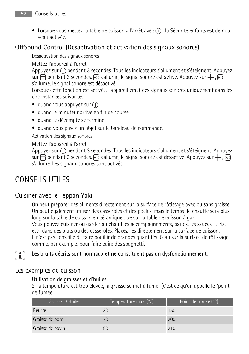 Conseils utiles, Cuisiner avec le teppan yaki, Les exemples de cuisson | AEG HC411520GB User Manual | Page 52 / 76