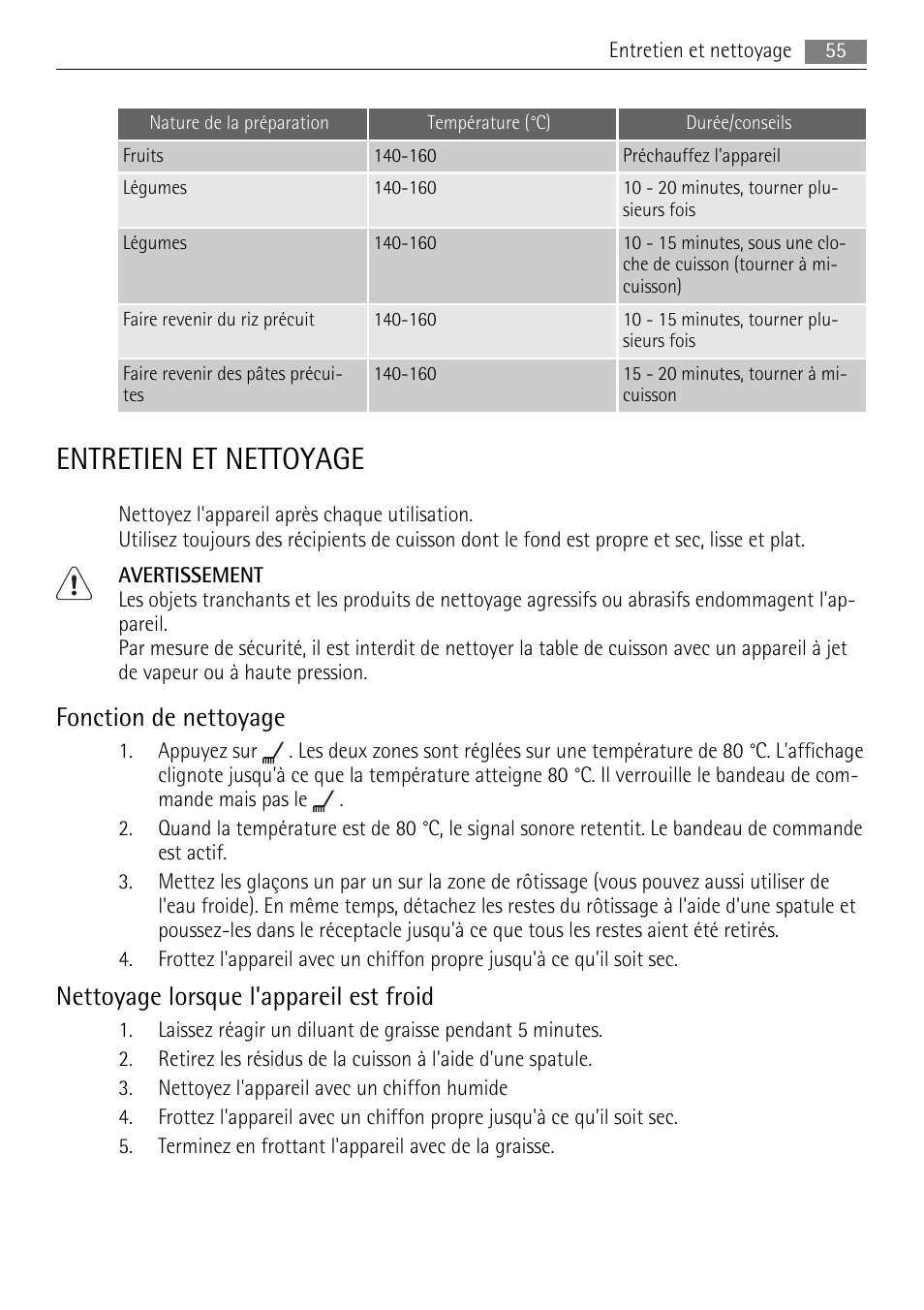 Entretien et nettoyage, Fonction de nettoyage, Nettoyage lorsque l'appareil est froid | AEG HC411520GB User Manual | Page 55 / 76