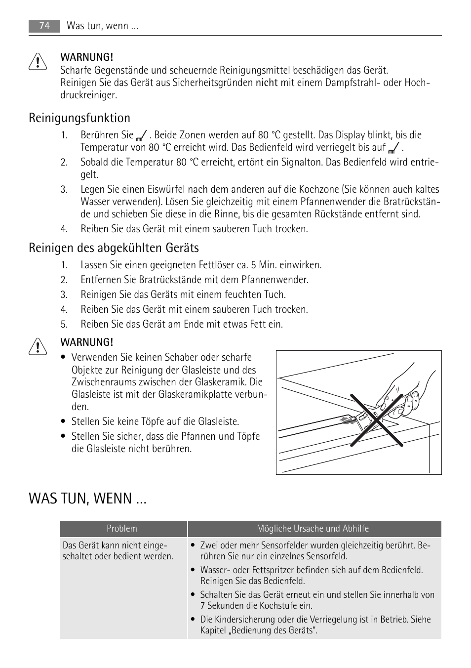 Was tun, wenn, Reinigungsfunktion, Reinigen des abgekühlten geräts | AEG HC411520GB User Manual | Page 74 / 76