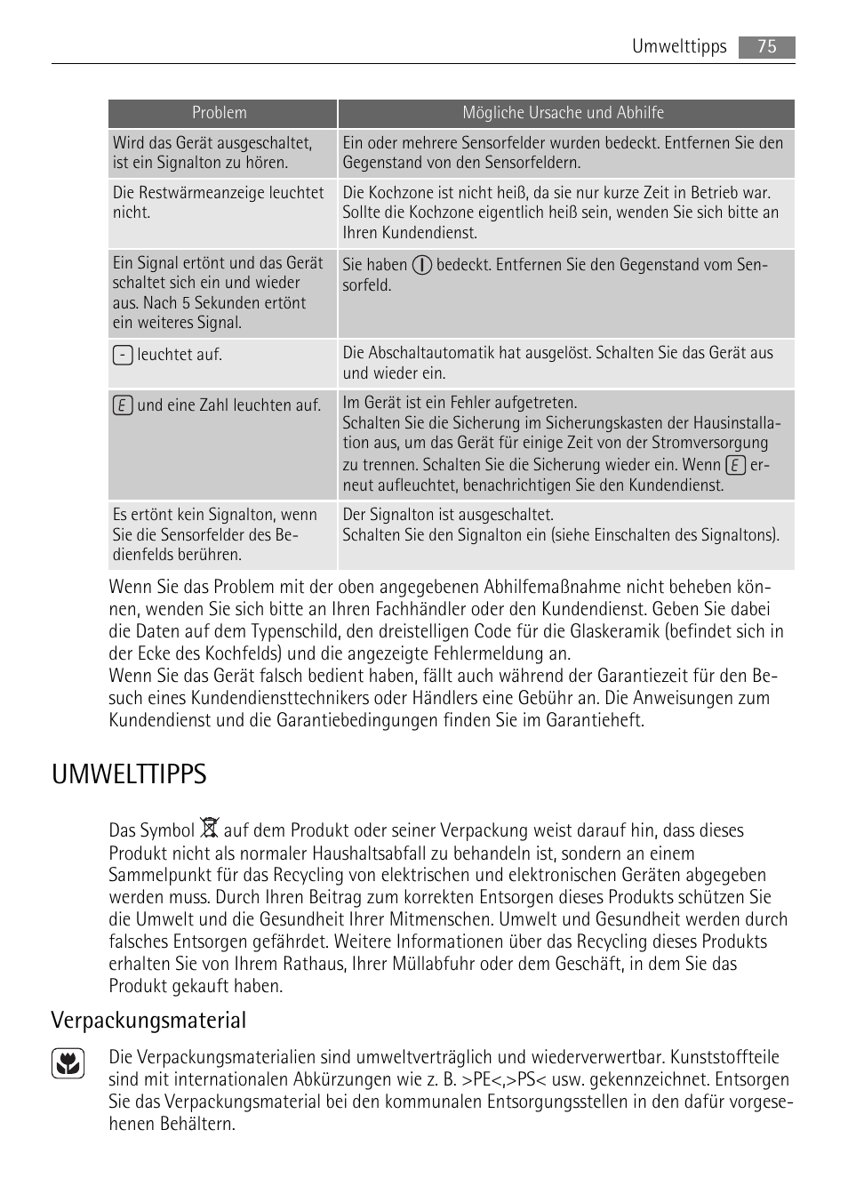 Umwelttipps, Verpackungsmaterial | AEG HC411520GB User Manual | Page 75 / 76