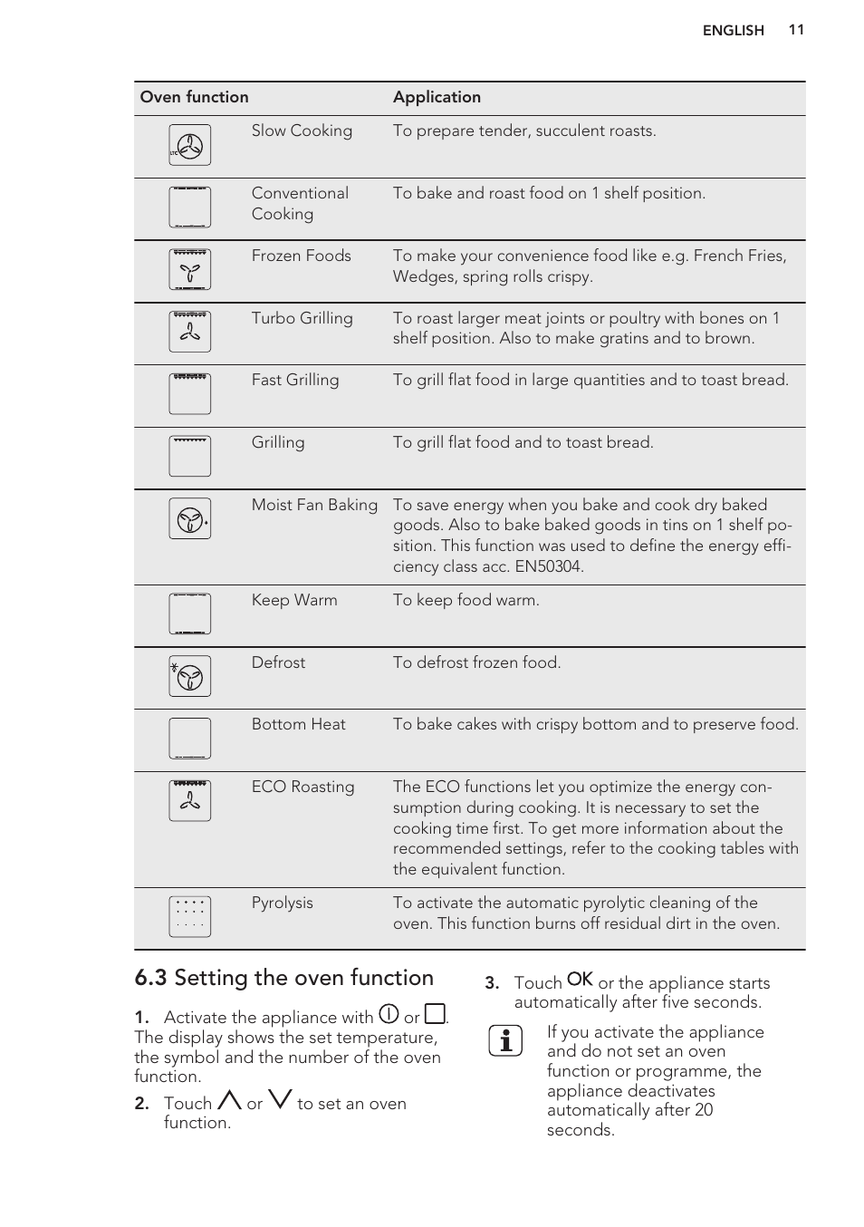 3 setting the oven function | AEG BP8314001M User Manual | Page 11 / 40