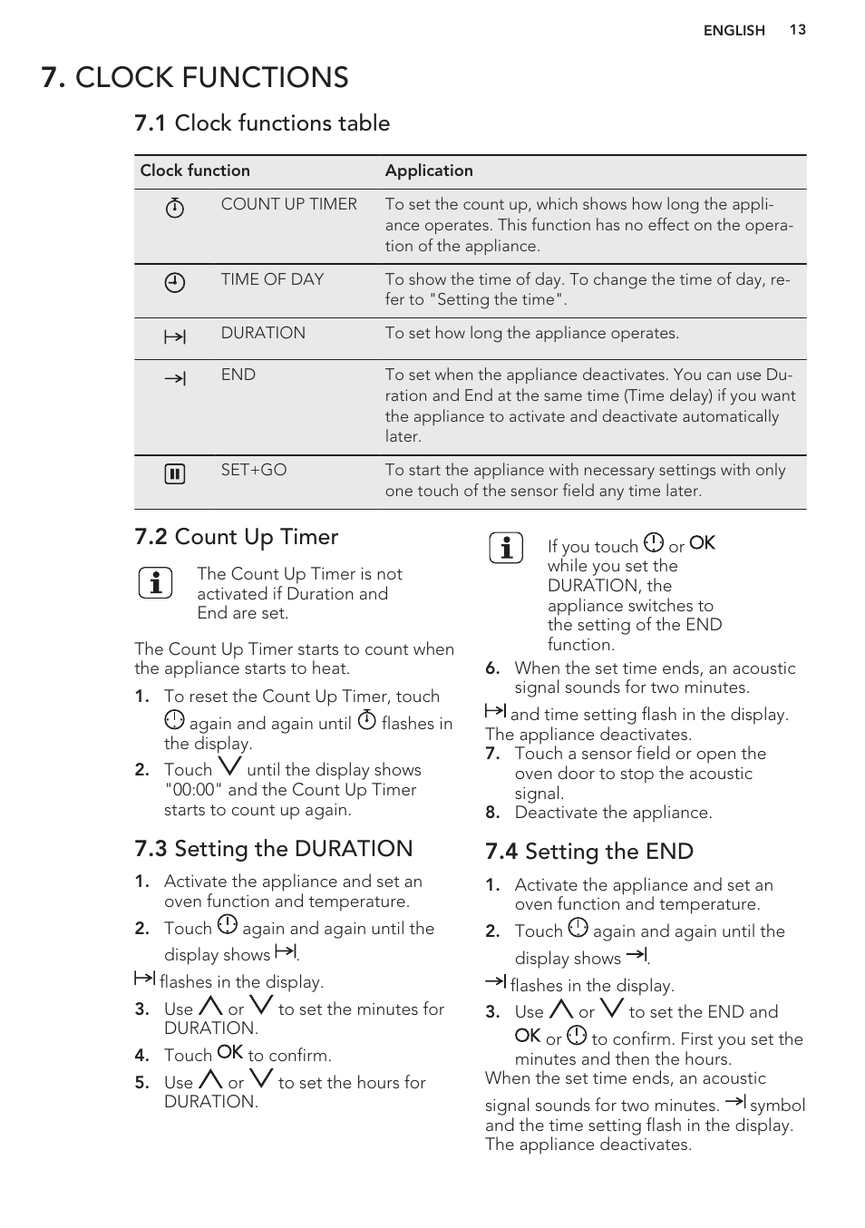 Clock functions, 1 clock functions table, 2 count up timer | 3 setting the duration, 4 setting the end | AEG BP8314001M User Manual | Page 13 / 40