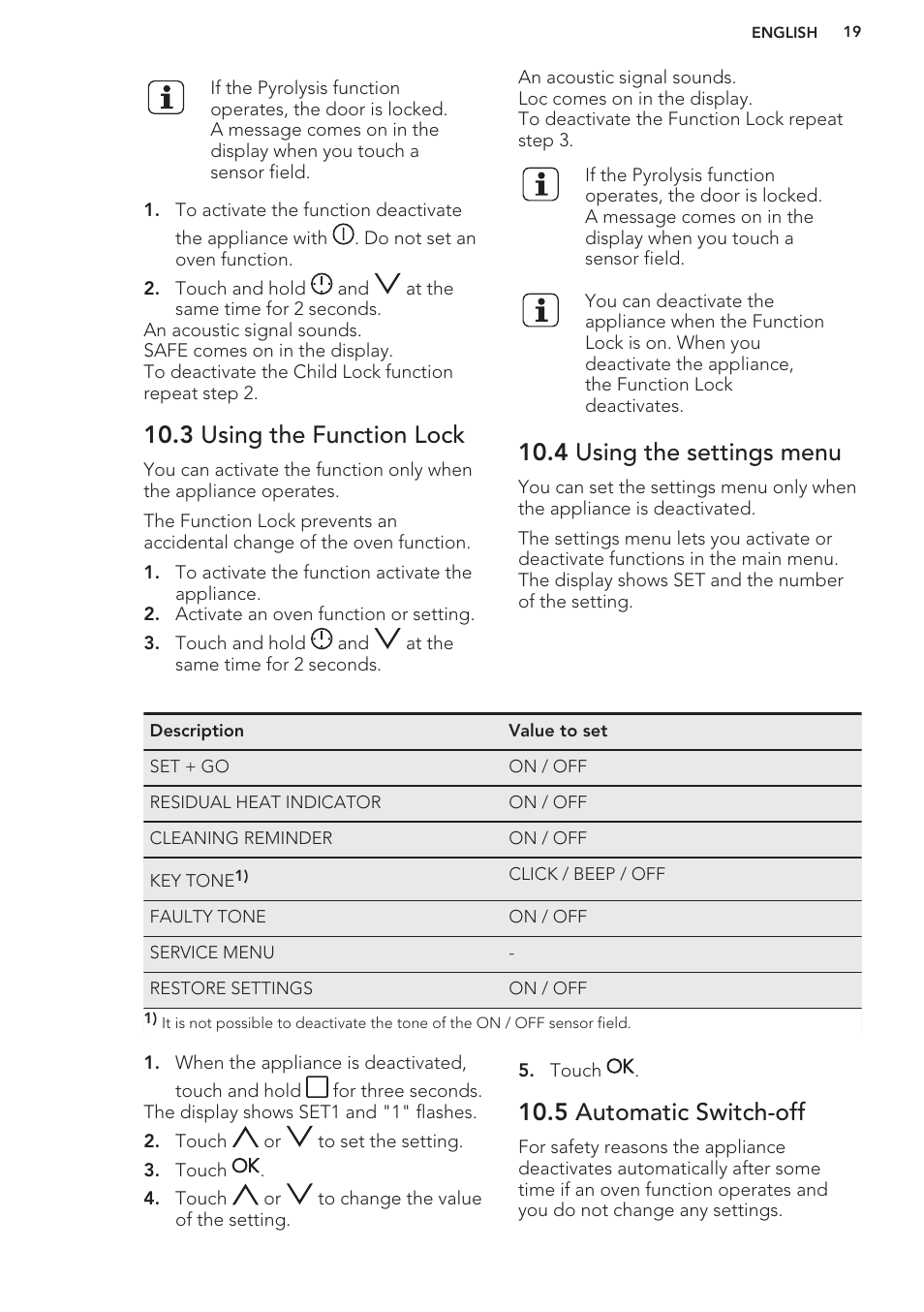 3 using the function lock, 4 using the settings menu, 5 automatic switch-off | AEG BP8314001M User Manual | Page 19 / 40