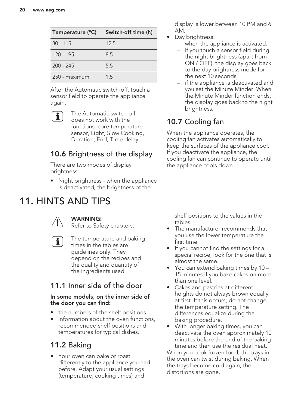 6 brightness of the display, 7 cooling fan, Hints and tips | 1 inner side of the door, 2 baking | AEG BP8314001M User Manual | Page 20 / 40