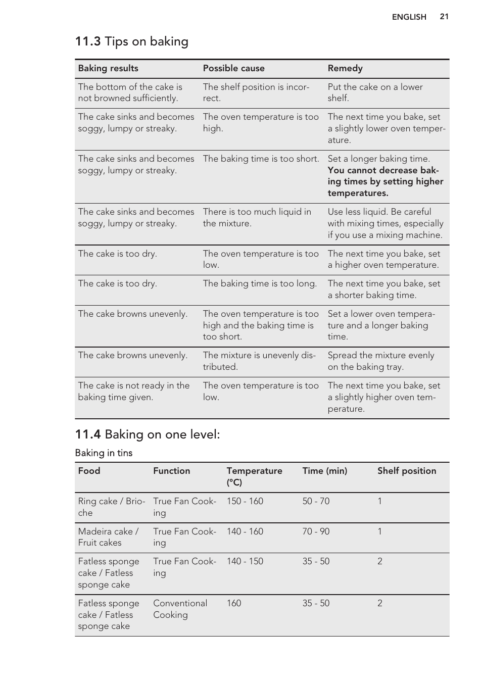 3 tips on baking, 4 baking on one level | AEG BP8314001M User Manual | Page 21 / 40