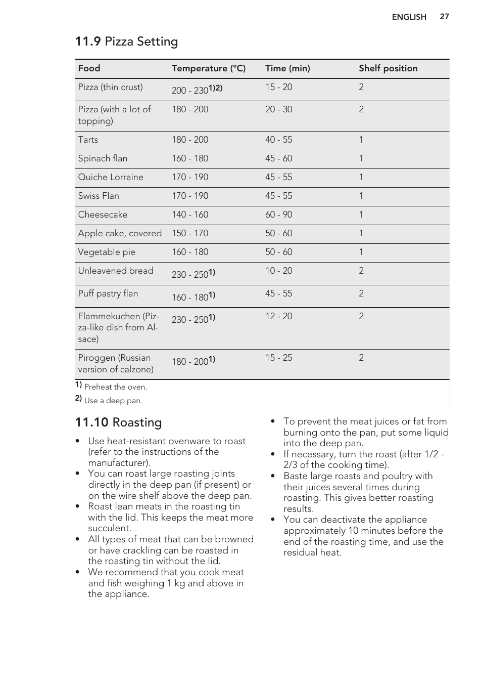 9 pizza setting, 10 roasting | AEG BP8314001M User Manual | Page 27 / 40