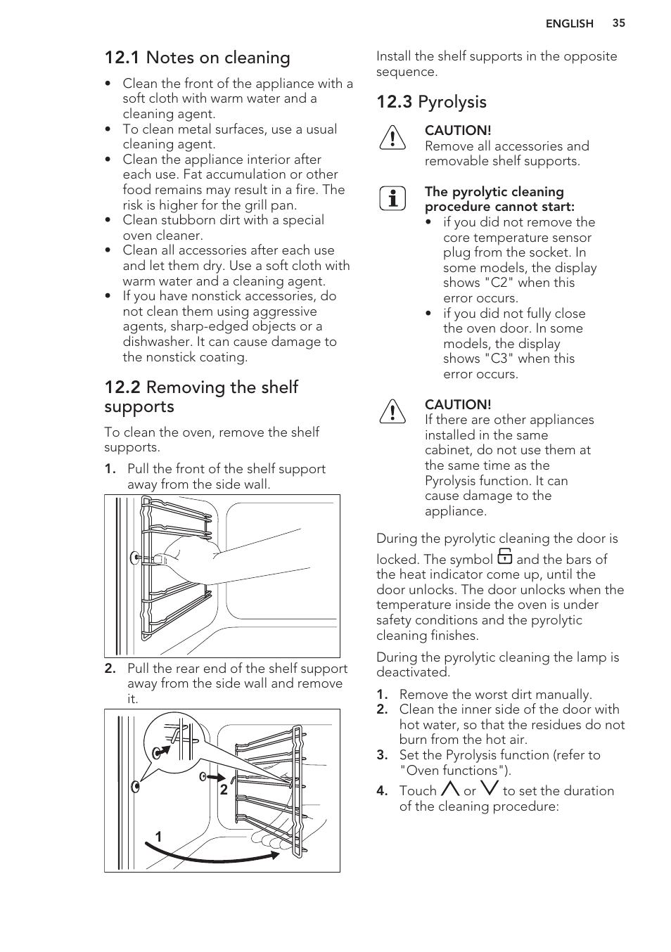 1 notes on cleaning, 2 removing the shelf supports, 3 pyrolysis | AEG BP8314001M User Manual | Page 35 / 40