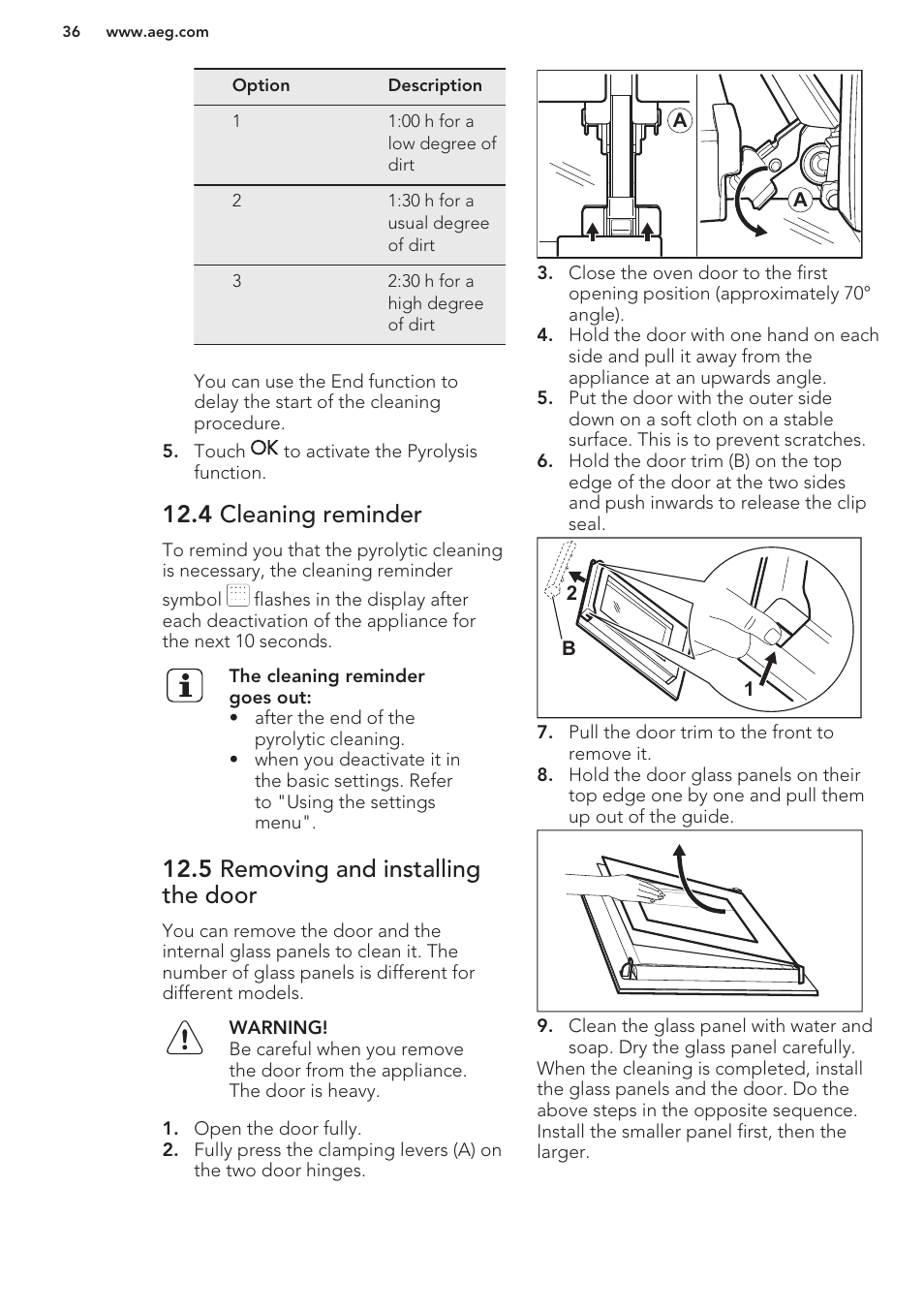 4 cleaning reminder, 5 removing and installing the door | AEG BP8314001M User Manual | Page 36 / 40