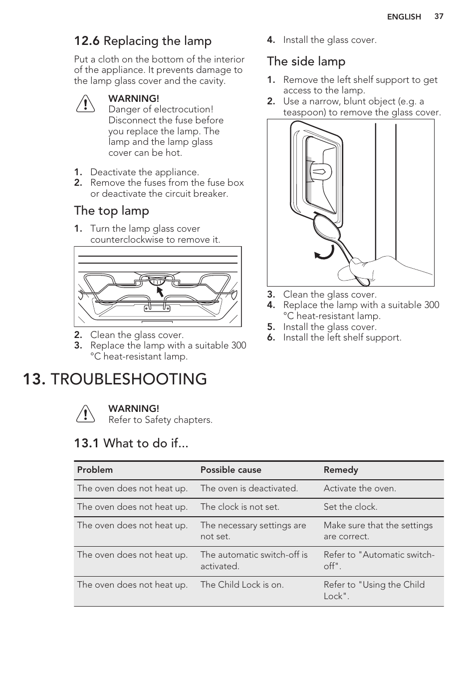 6 replacing the lamp, The top lamp, The side lamp | Troubleshooting, 1 what to do if | AEG BP8314001M User Manual | Page 37 / 40