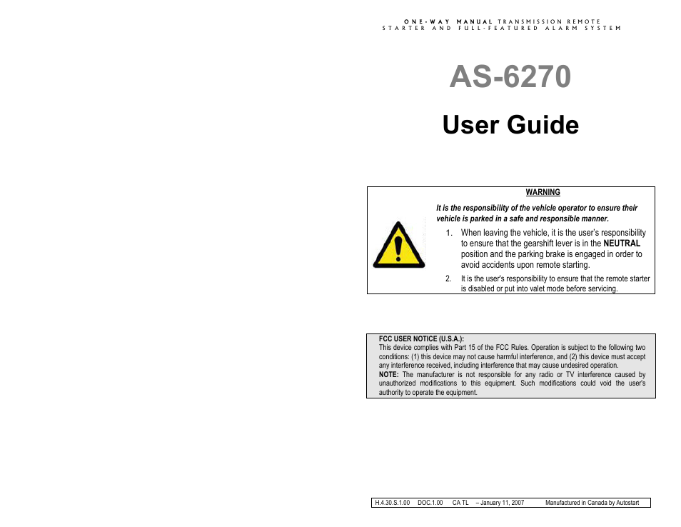 Autostart AS-6270 User Manual | 8 pages