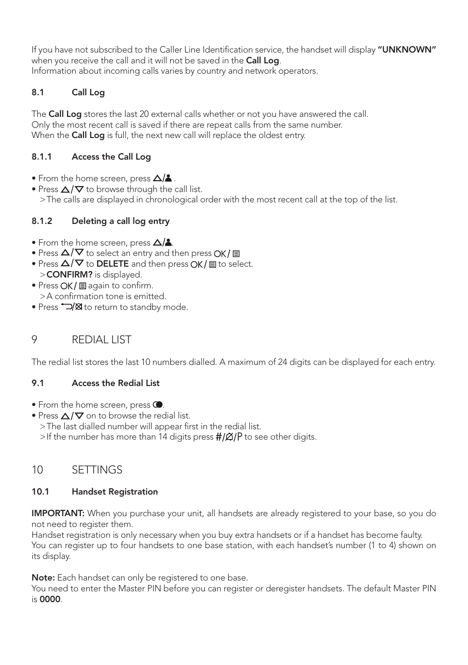 9redial list, 10 settings | AEG Boomerang User Manual | Page 10 / 112