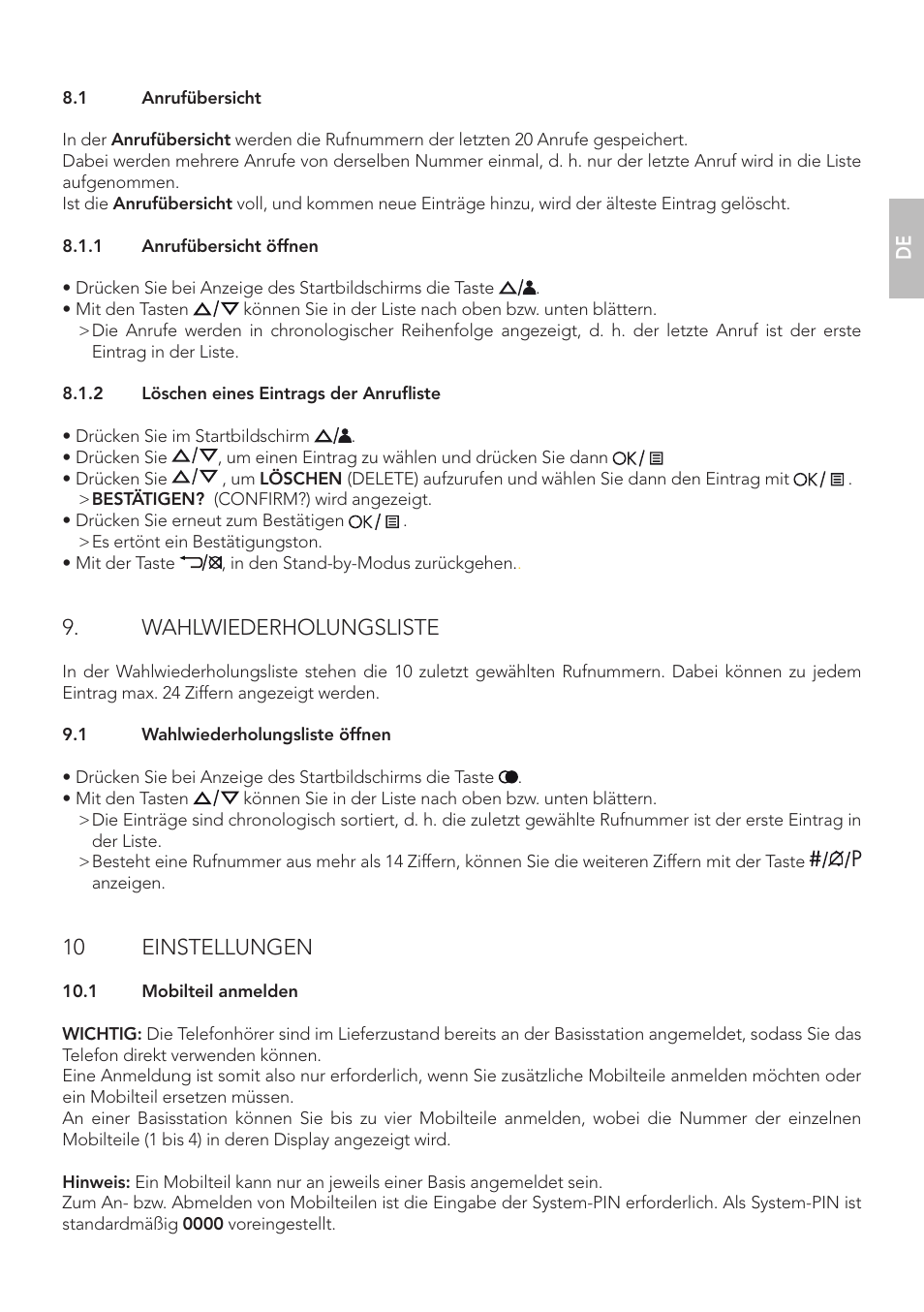 Wahlwiederholungsliste, 10 einstellungen | AEG Boomerang User Manual | Page 21 / 112