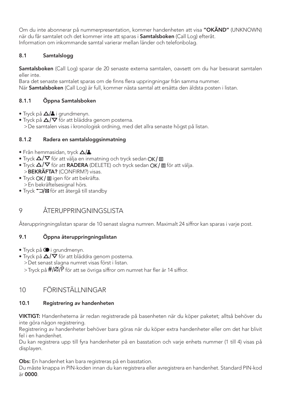 9återuppringningslista, 10 förinställningar | AEG Boomerang User Manual | Page 64 / 112