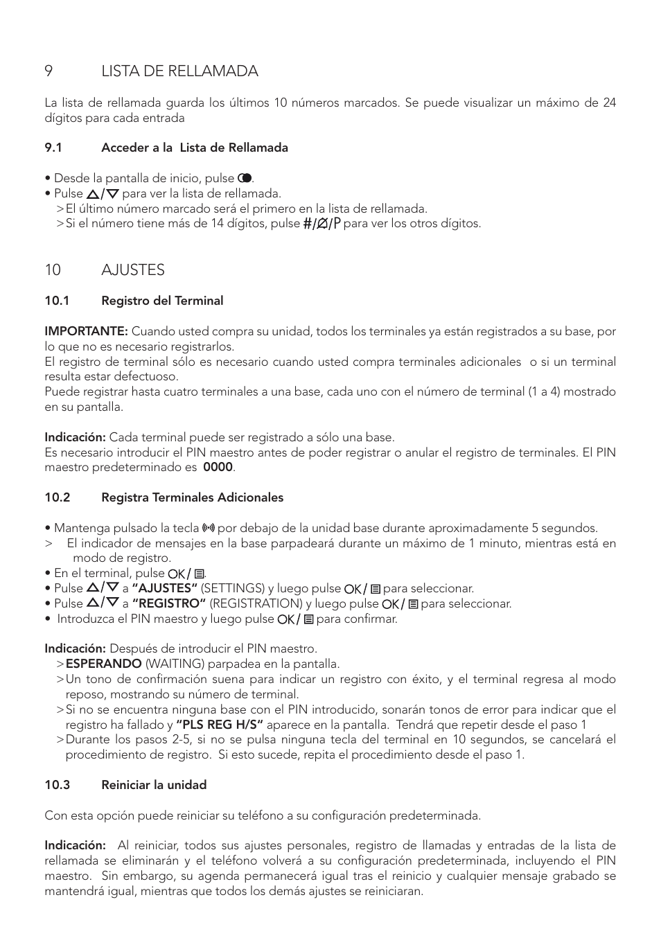 9lista de rellamada, 10 ajustes | AEG Boomerang User Manual | Page 98 / 112