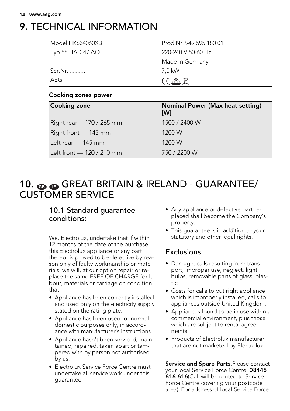 Technical information, 1 standard guarantee conditions, Exclusions | AEG HK624010FB User Manual | Page 14 / 20