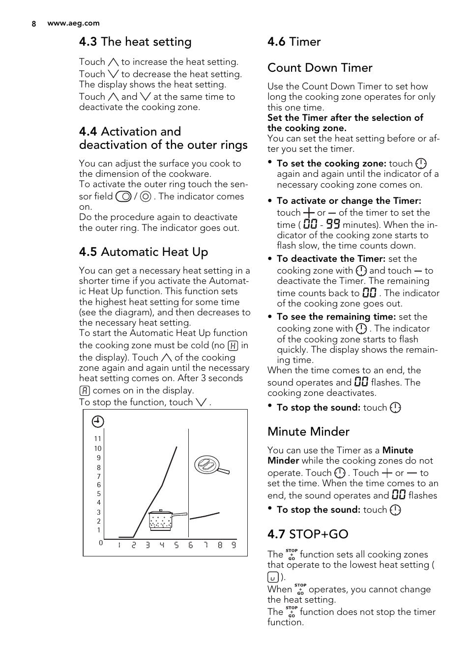3 the heat setting, 4 activation and deactivation of the outer rings, 5 automatic heat up | 6 timer count down timer, Minute minder, 7 stop+go | AEG HK624010FB User Manual | Page 8 / 20