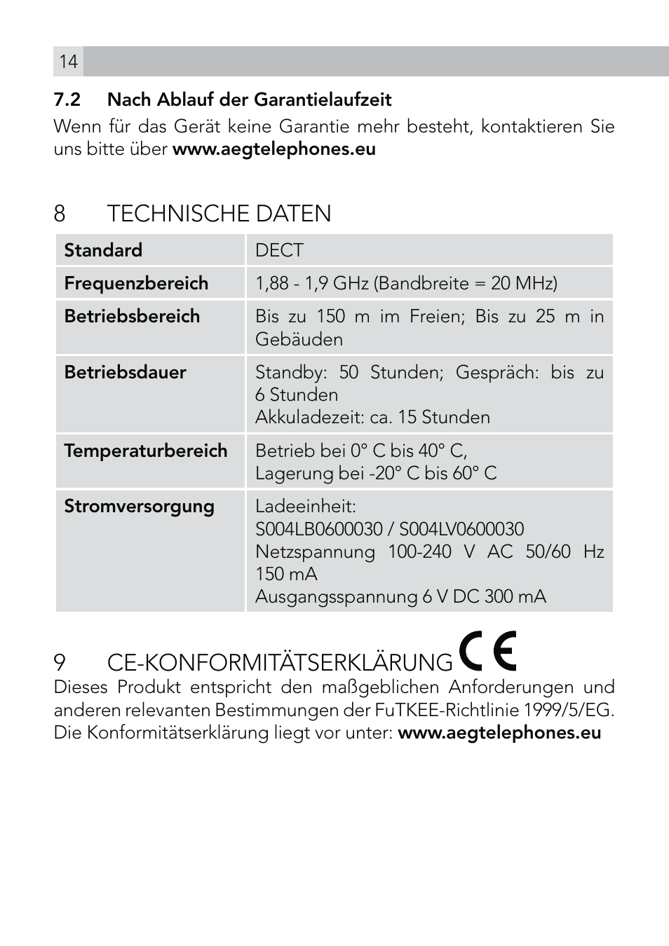 8 technische daten, 9 ce-konformitätserklärung | AEG Voxtel roam User Manual | Page 14 / 60