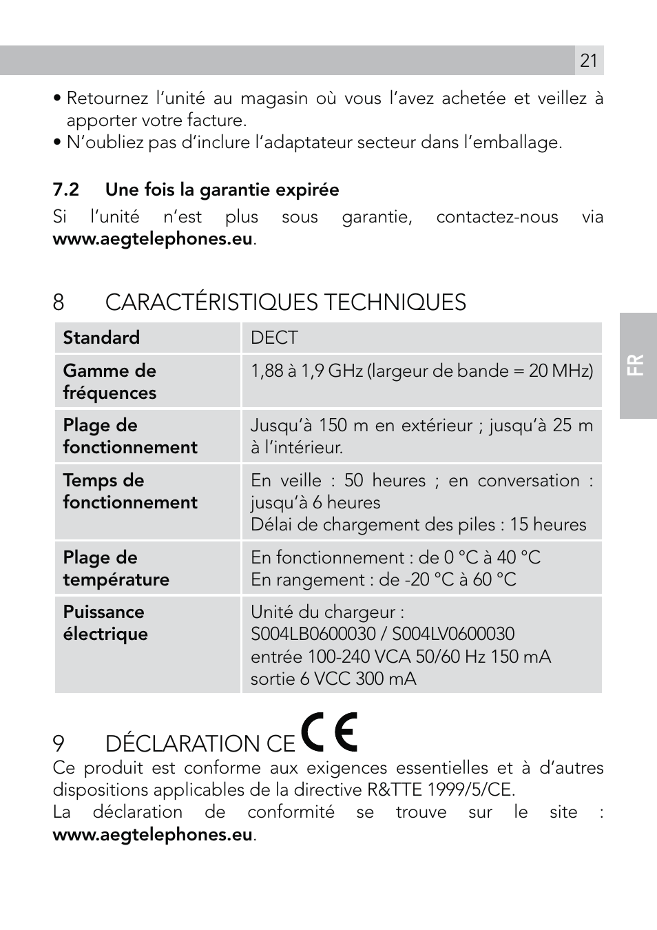 8 caractéristiques techniques, 9 déclaration ce | AEG Voxtel roam User Manual | Page 21 / 60