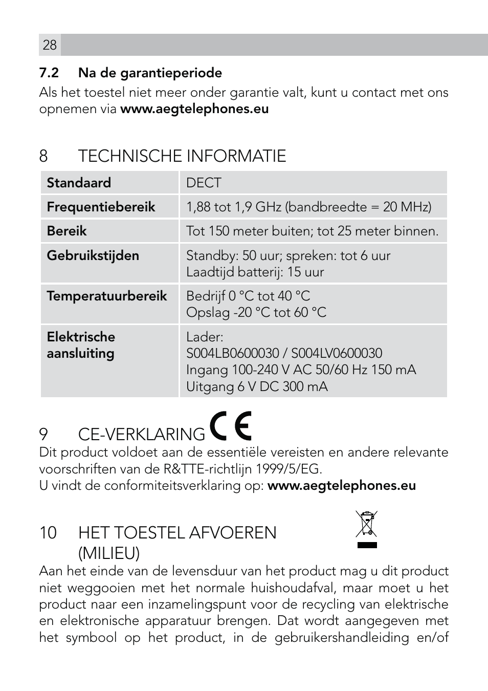 8 technische informatie, 9 ce-verklaring, 10 het toestel afvoeren (milieu) | AEG Voxtel roam User Manual | Page 28 / 60