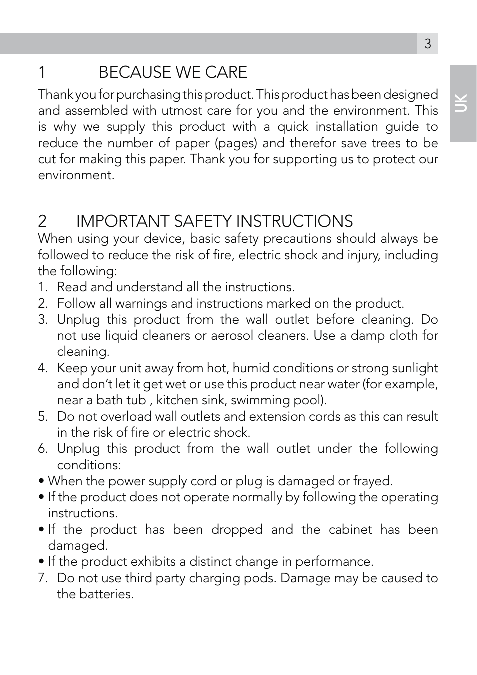 1because we care, 2important safety instructions | AEG Voxtel roam User Manual | Page 3 / 60