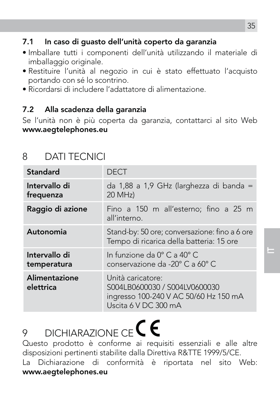 8 dati tecnici, 9 dichiarazione ce | AEG Voxtel roam User Manual | Page 35 / 60