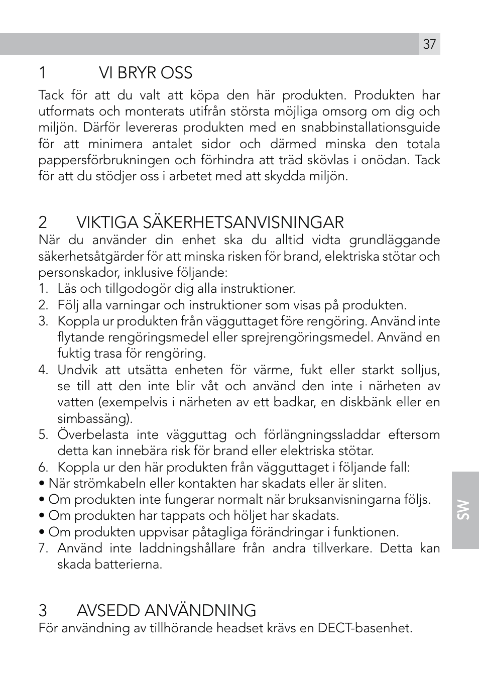 1vi bryr oss, 2 viktiga säkerhetsanvisningar, 3 avsedd användning | AEG Voxtel roam User Manual | Page 37 / 60