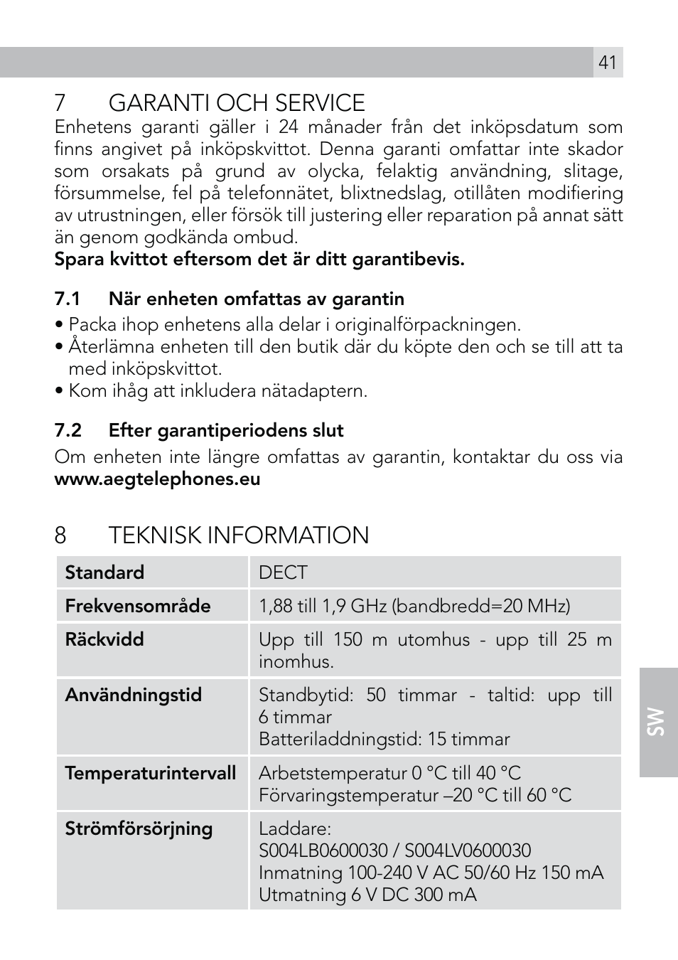 7garanti och service, 8 teknisk information | AEG Voxtel roam User Manual | Page 41 / 60