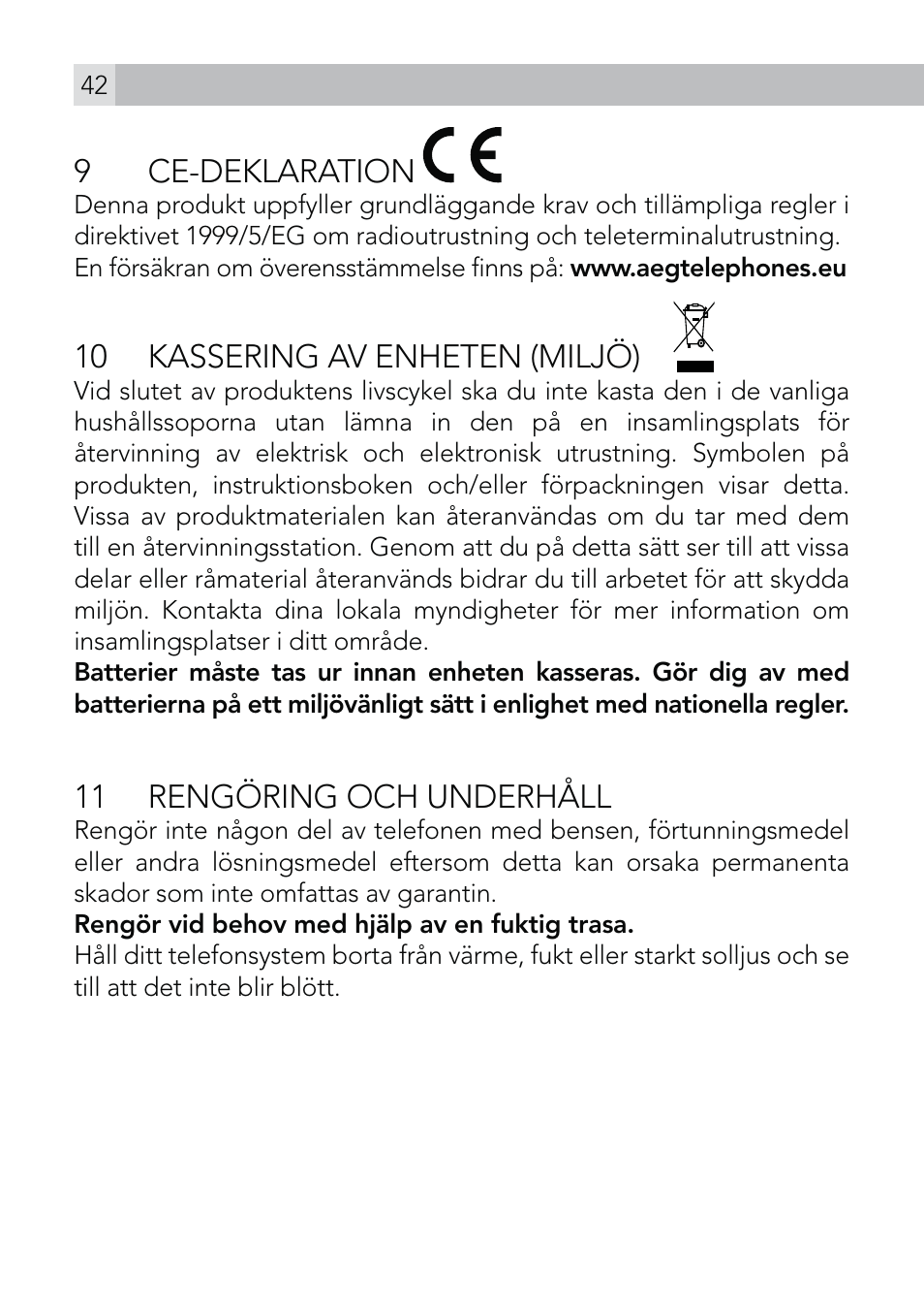9 ce-deklaration, 10 kassering av enheten (miljö), 11 rengöring och underhåll | AEG Voxtel roam User Manual | Page 42 / 60