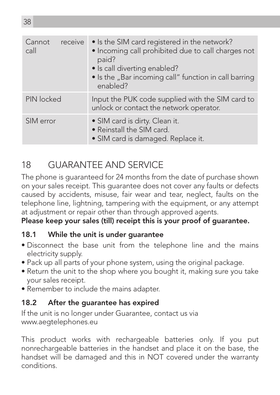 18 guarantee and service | AEG Voxtel M400 User Manual | Page 38 / 40