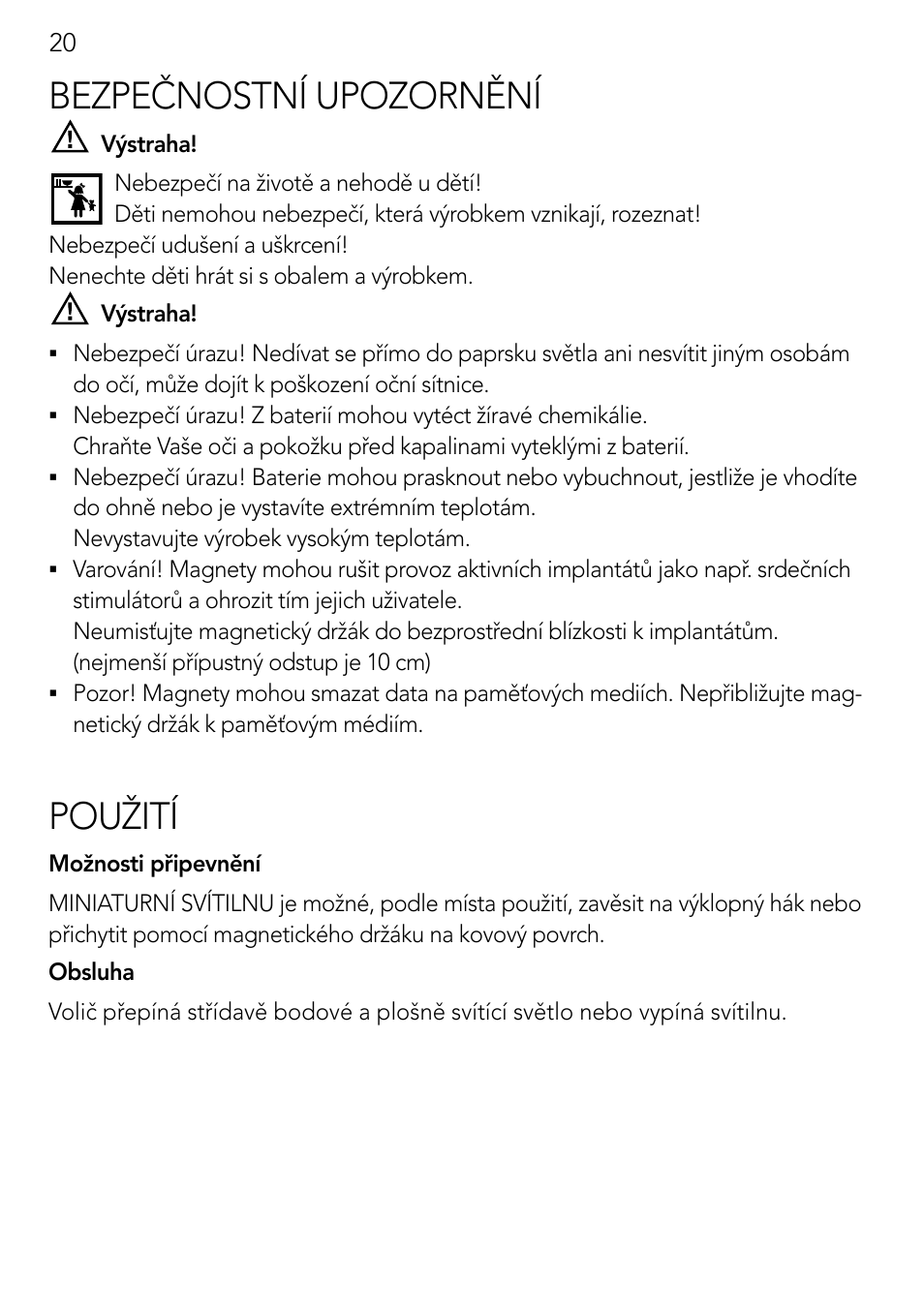 Bezpečnostní upozornění, Použití | AEG Light Bulb Longlife User Manual | Page 20 / 40
