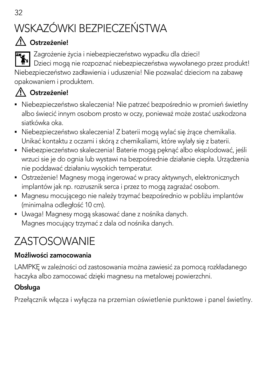 Wskazówki bezpieczeństwa, Zastosowanie | AEG Light Bulb Longlife User Manual | Page 32 / 40