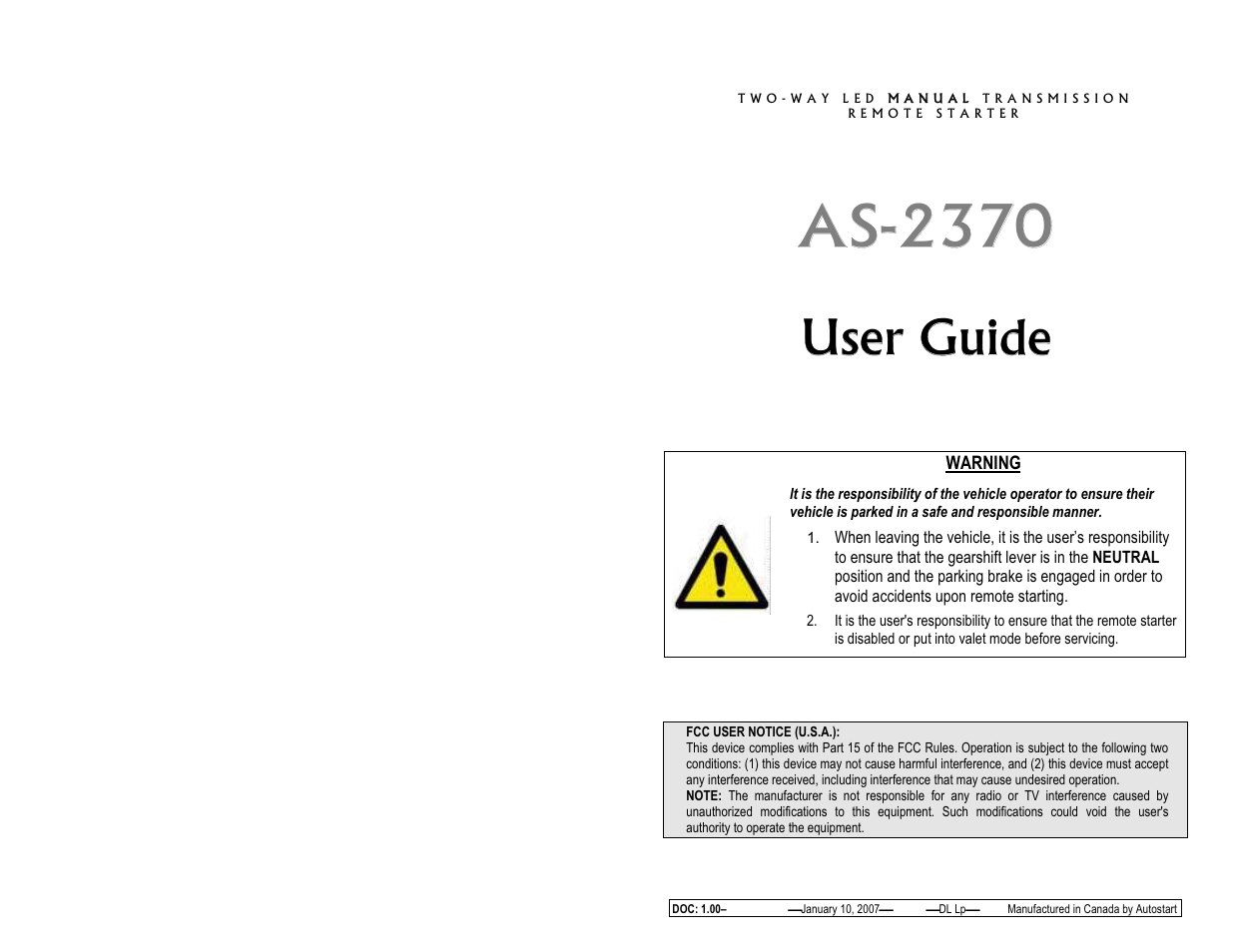 Autostart AS-2370 User Manual | 8 pages