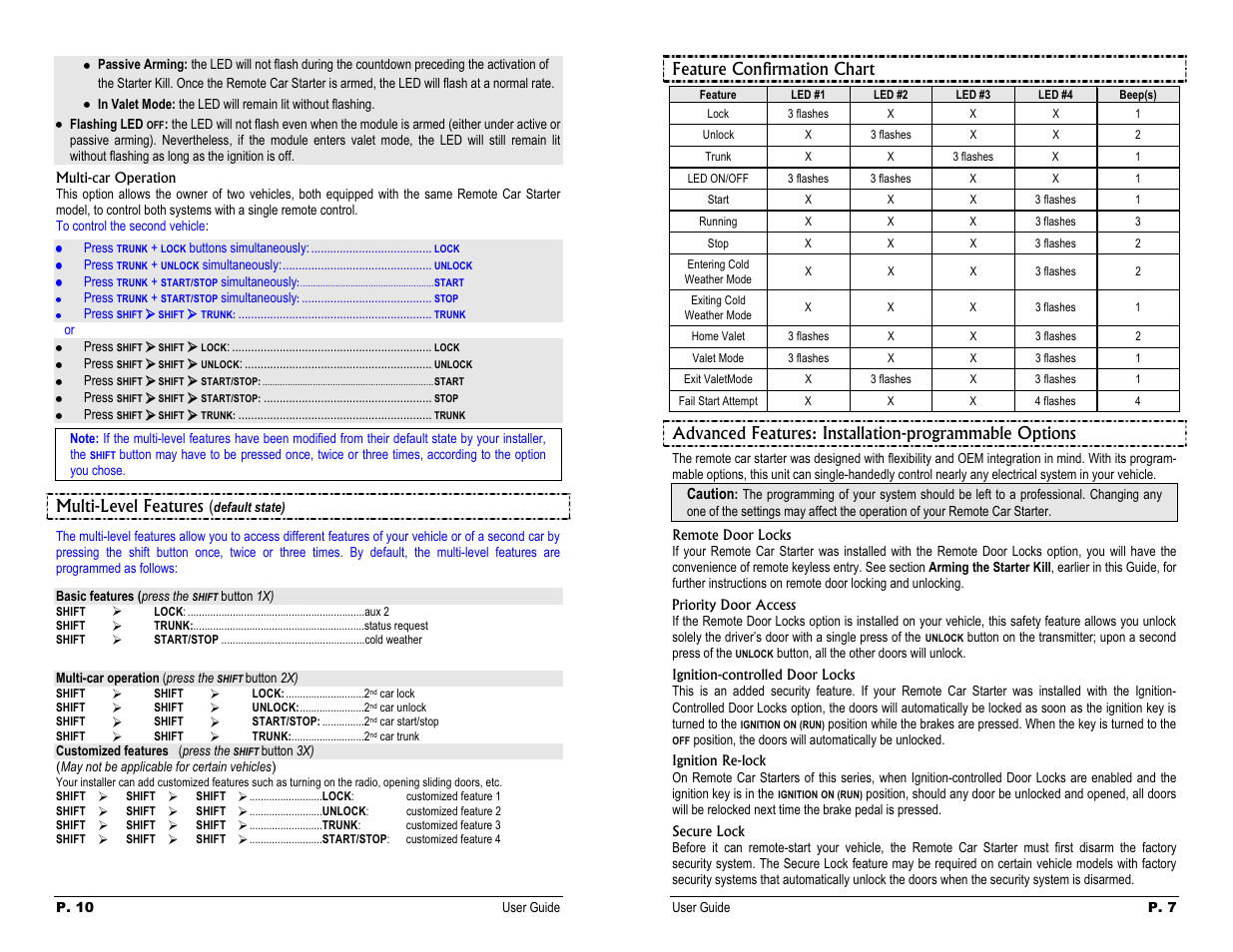 Multi-level features {defaultstate), Feature confirmation chart, Advanced features: installation | Programmable options, Multi-level features, Default state) | Autostart AS-2370 User Manual | Page 7 / 8