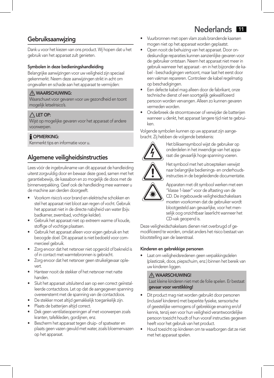 Nederlands, Gebruiksaanwjzing, Algemene veiligheidsinstructies | AEG KRC 4355 CD User Manual | Page 11 / 66