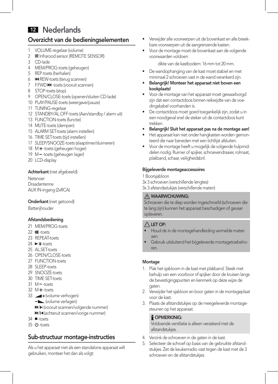 Nederlands, Overzicht van de bedieningselementen, Sub-structuur montage-instructies | AEG KRC 4355 CD User Manual | Page 12 / 66