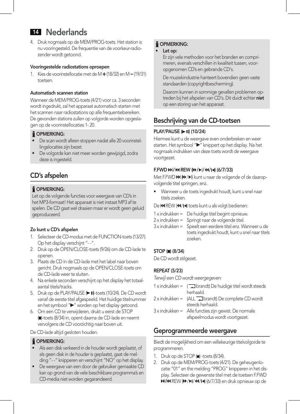 Nederlands, Cd’s afspelen, Beschrijving van de cd-toetsen | Geprogrammeerde weergave | AEG KRC 4355 CD User Manual | Page 14 / 66