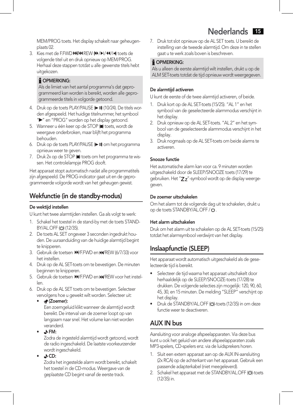 Nederlands, Wekfunctie (in de standby-modus), Inslaapfunctie (sleep) | Aux in bus | AEG KRC 4355 CD User Manual | Page 15 / 66