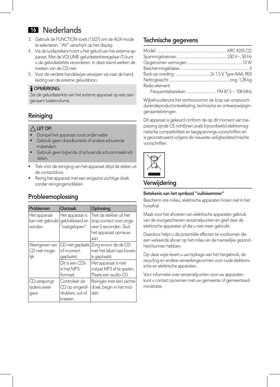 Nederlands, Reiniging, Probleemoplossing | Technische gegevens, Verwijdering | AEG KRC 4355 CD User Manual | Page 16 / 66
