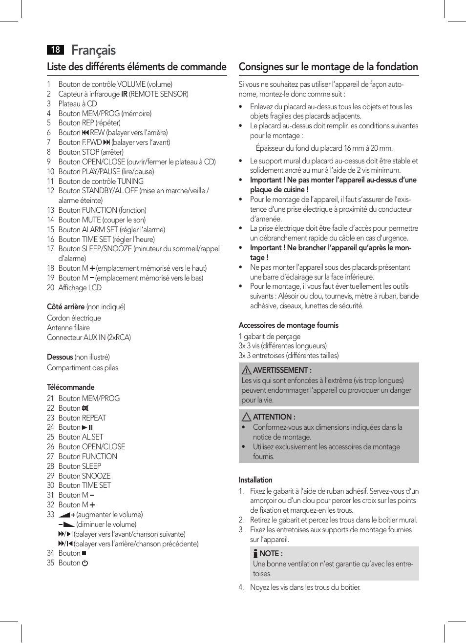 Français, Liste des différents éléments de commande, Consignes sur le montage de la fondation | AEG KRC 4355 CD User Manual | Page 18 / 66